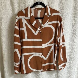 Orange/Brown and White Geometric Women's Top